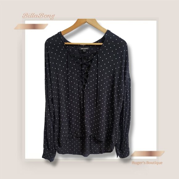 🌿Billabong Forget Me Knot Shirt Womens Medium Black White Polka Lace-Up V-Neck - Picture 2 of 11